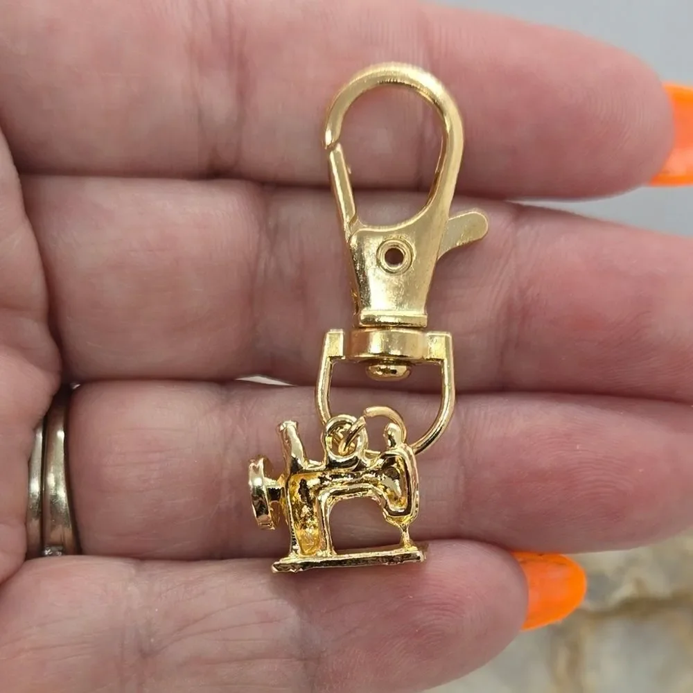 Sewing Machine Keychain | Gold Tone Pink Enamel & Rhinestone Clip NWT Retro Chic